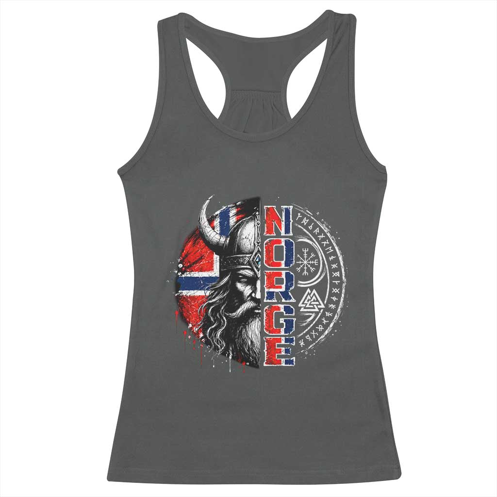 Fierce Norge Viking Warrior with Horned Helmet Graphic Racerback Tank Top Norway Pride Distressed Norwegian Flag and Runes TS02 Dark Heather Print Your Wear