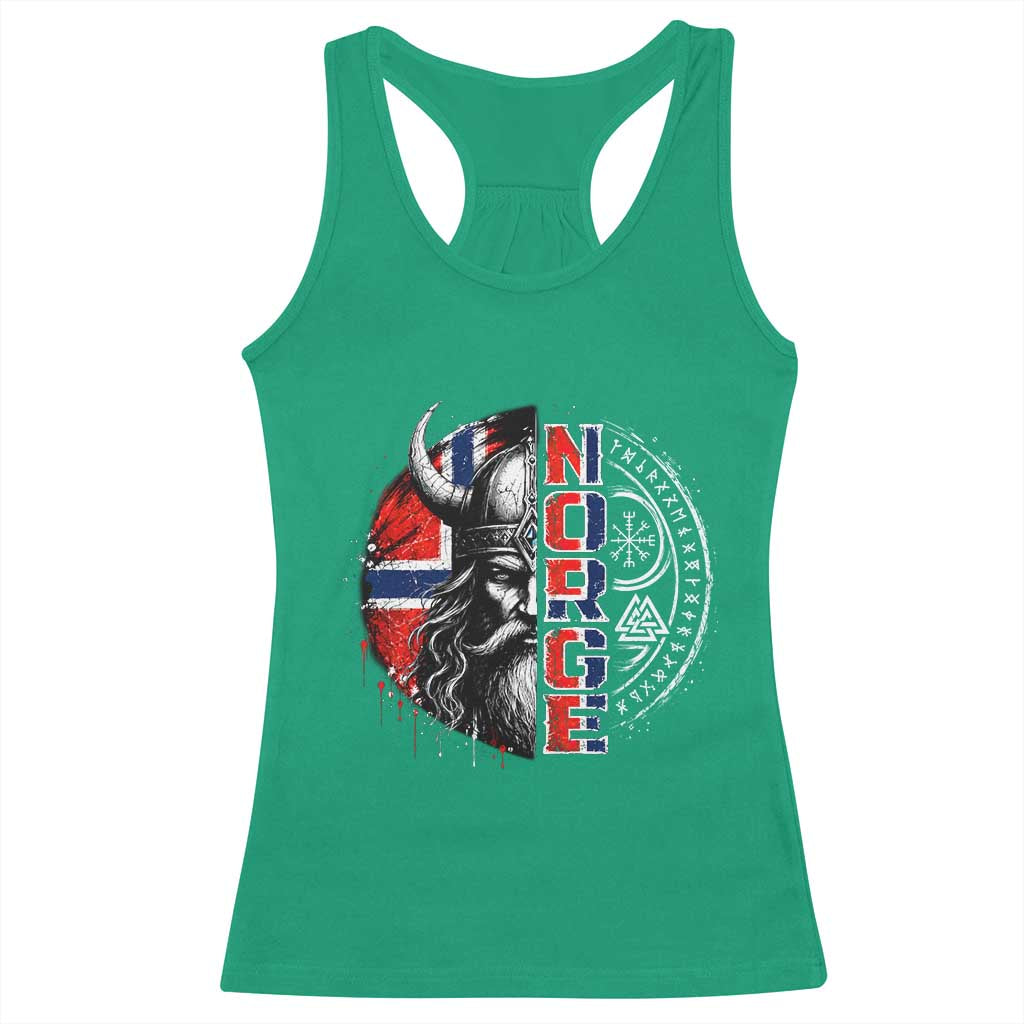 Fierce Norge Viking Warrior with Horned Helmet Graphic Racerback Tank Top Norway Pride Distressed Norwegian Flag and Runes TS02 Irish Green Print Your Wear