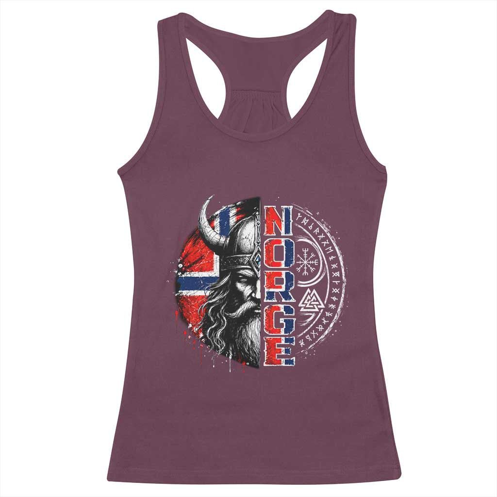 Fierce Norge Viking Warrior with Horned Helmet Graphic Racerback Tank Top Norway Pride Distressed Norwegian Flag and Runes TS02 Maroon Print Your Wear