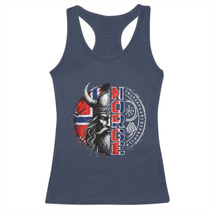 Fierce Norge Viking Warrior with Horned Helmet Graphic Racerback Tank Top Norway Pride Distressed Norwegian Flag and Runes TS02 Navy Print Your Wear