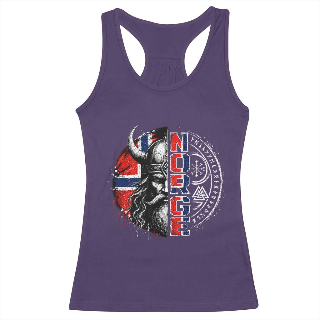 Fierce Norge Viking Warrior with Horned Helmet Graphic Racerback Tank Top Norway Pride Distressed Norwegian Flag and Runes TS02 Purple Print Your Wear