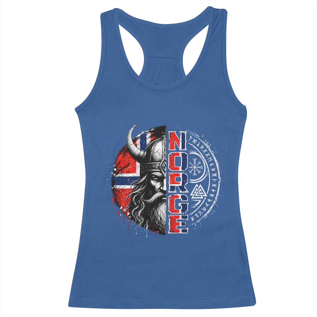Fierce Norge Viking Warrior with Horned Helmet Graphic Racerback Tank Top Norway Pride Distressed Norwegian Flag and Runes TS02 Royal Blue Print Your Wear