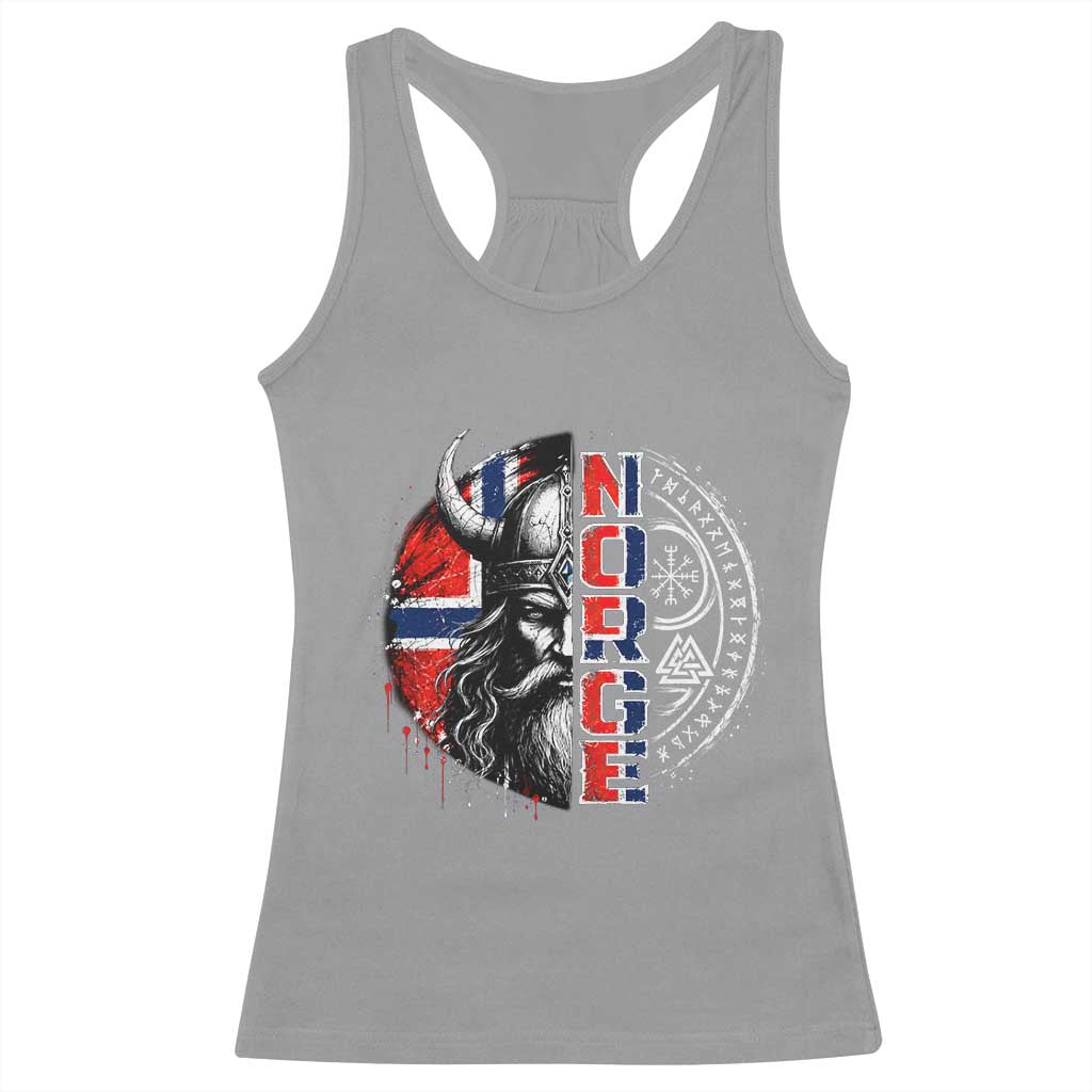 Fierce Norge Viking Warrior with Horned Helmet Graphic Racerback Tank Top Norway Pride Distressed Norwegian Flag and Runes TS02 Sport Gray Print Your Wear