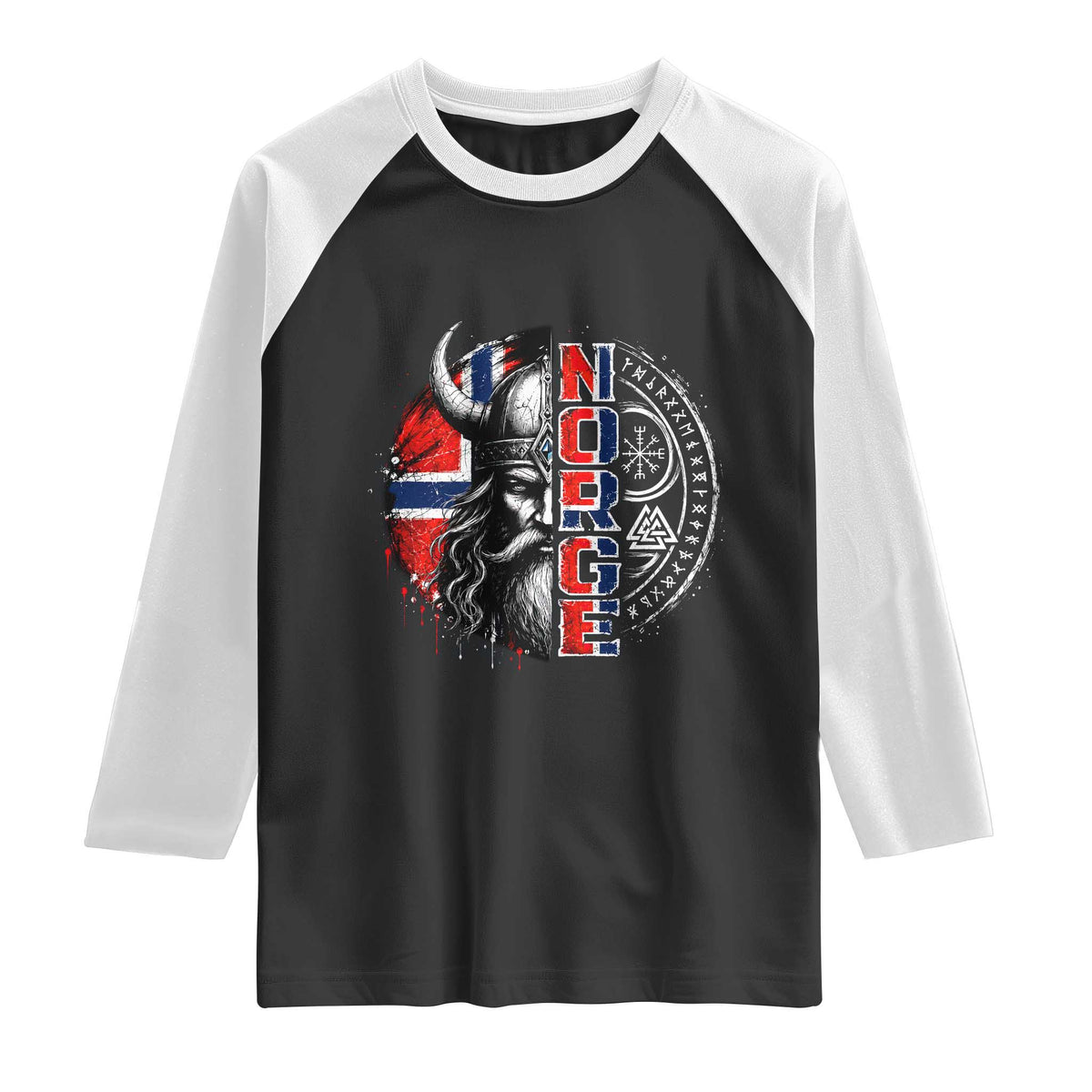 Fierce Norge Viking Warrior with Horned Helmet Graphic Raglan Shirt Norway Pride Distressed Norwegian Flag and Runes TS02 Black White Print Your Wear