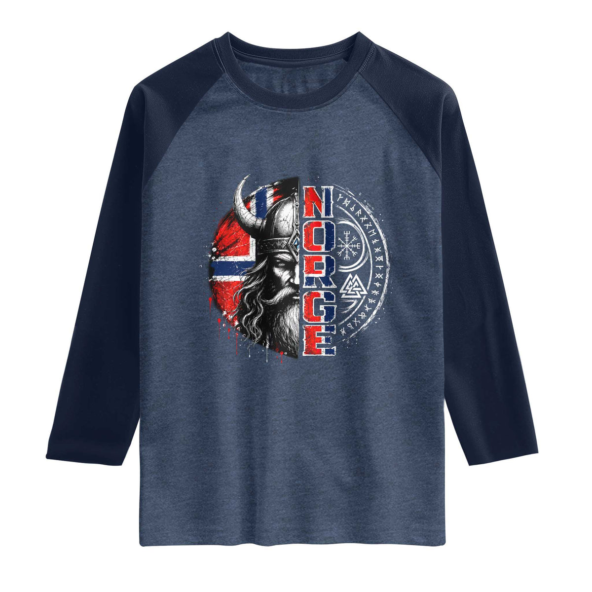 Fierce Norge Viking Warrior with Horned Helmet Graphic Raglan Shirt Norway Pride Distressed Norwegian Flag and Runes TS02 Heather Denim Navy Print Your Wear