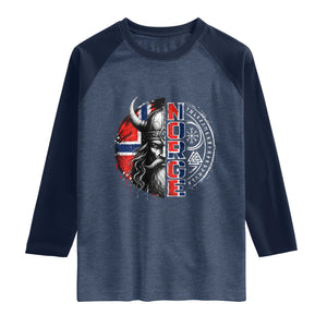 Fierce Norge Viking Warrior with Horned Helmet Graphic Raglan Shirt Norway Pride Distressed Norwegian Flag and Runes TS02 Heather Denim Navy Print Your Wear
