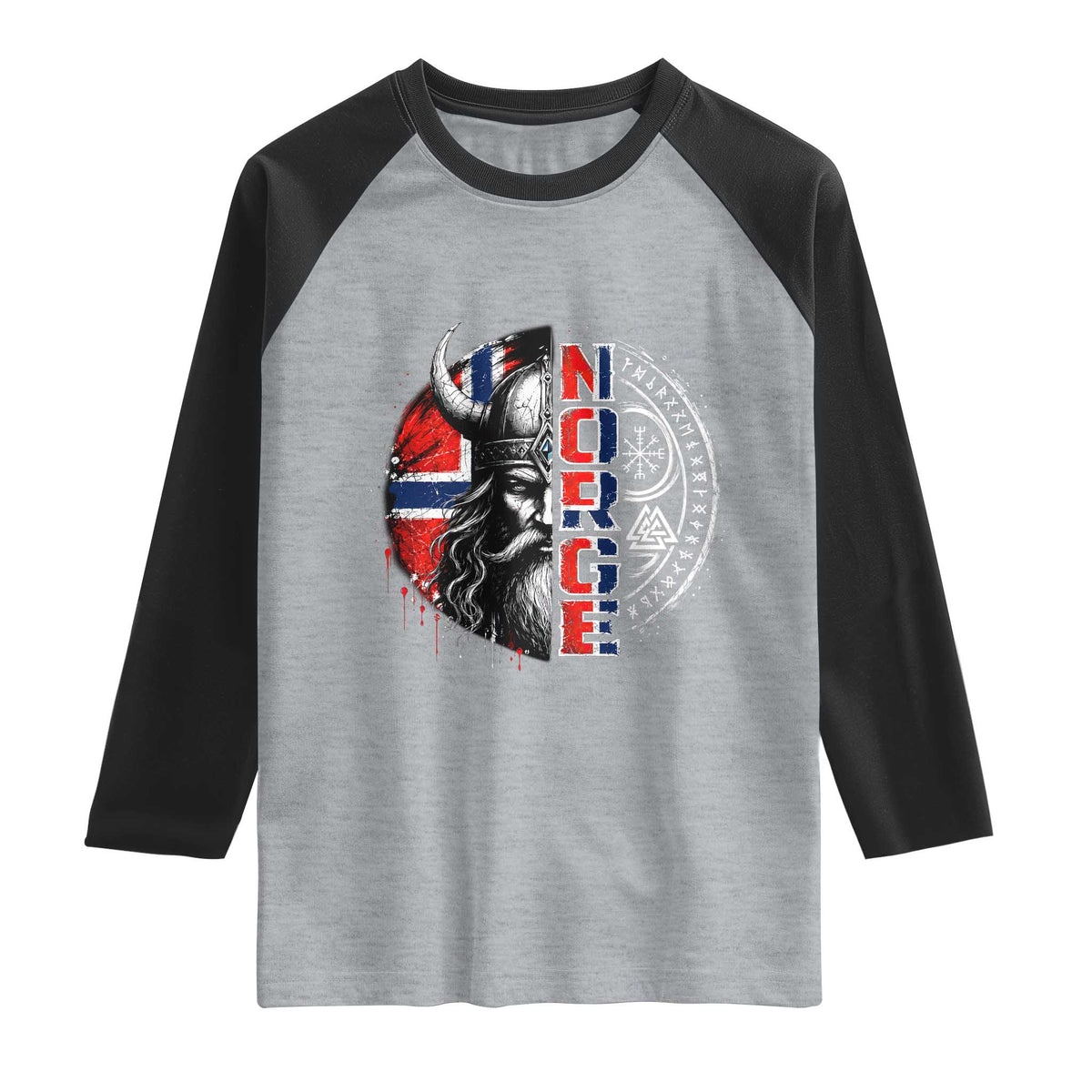 Fierce Norge Viking Warrior with Horned Helmet Graphic Raglan Shirt Norway Pride Distressed Norwegian Flag and Runes TS02 Heather Gray Black Print Your Wear