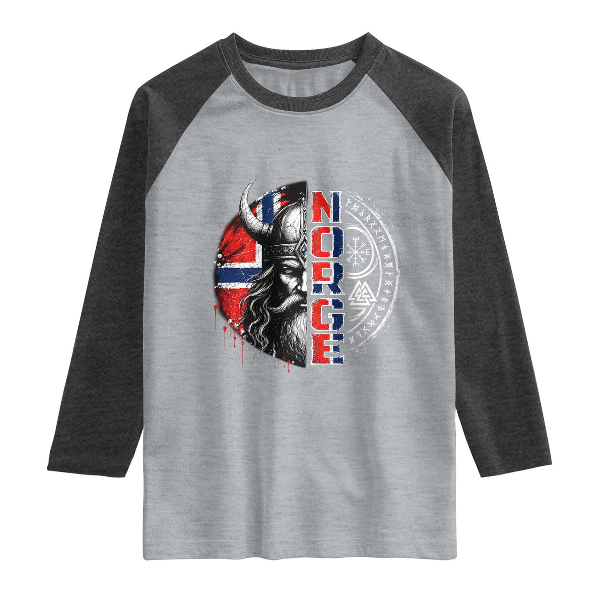 Fierce Norge Viking Warrior with Horned Helmet Graphic Raglan Shirt Norway Pride Distressed Norwegian Flag and Runes TS02 Heather Gray Heather Charcoal Print Your Wear