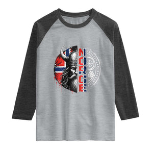Fierce Norge Viking Warrior with Horned Helmet Graphic Raglan Shirt Norway Pride Distressed Norwegian Flag and Runes TS02 Heather Gray Heather Charcoal Print Your Wear