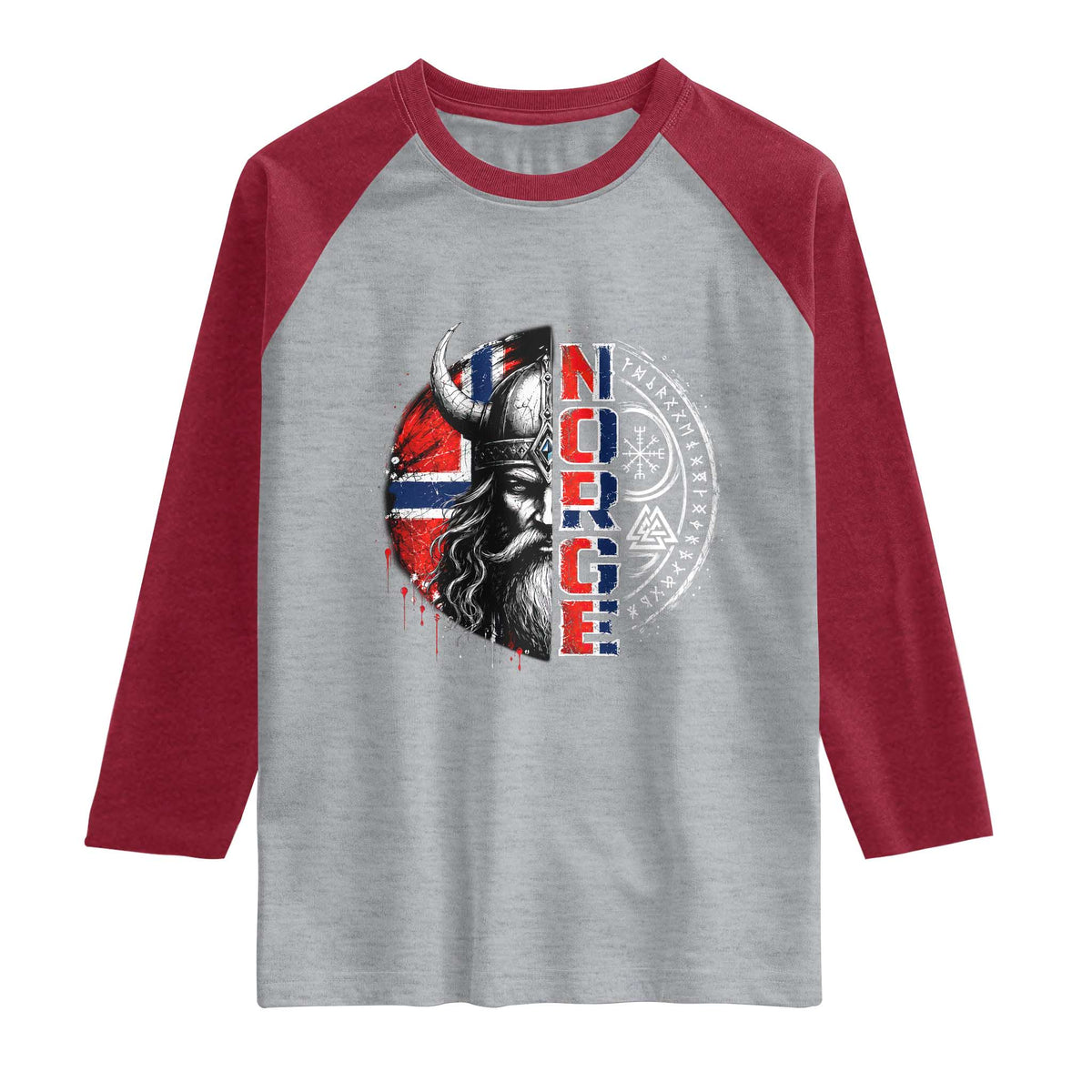 Fierce Norge Viking Warrior with Horned Helmet Graphic Raglan Shirt Norway Pride Distressed Norwegian Flag and Runes TS02 Heather Gray Heather Red Print Your Wear