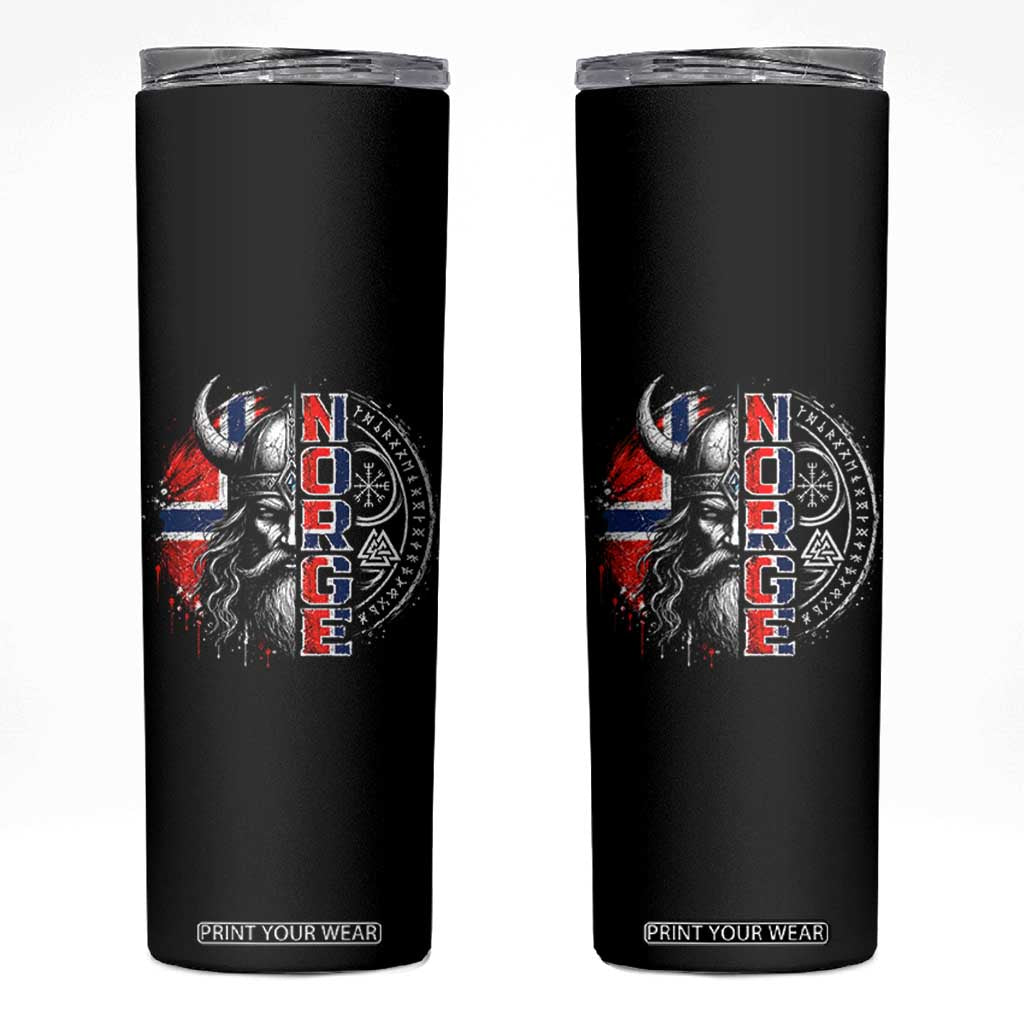 Fierce Norge Viking Warrior with Horned Helmet Graphic Skinny Tumbler Norway Pride Distressed Norwegian Flag and Runes TS02 Black Print Your Wear