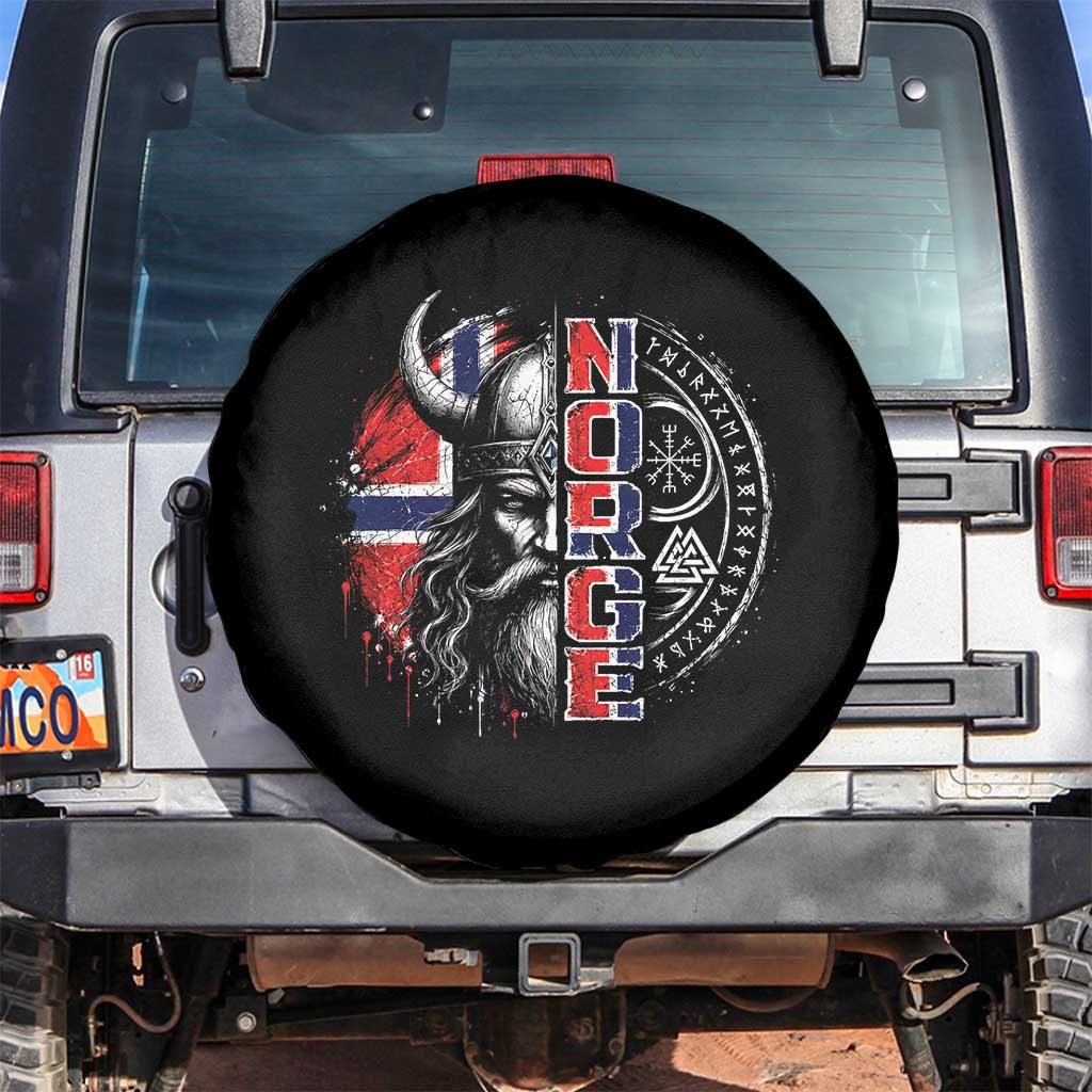 Fierce Norge Viking Warrior with Horned Helmet Graphic Spare Tire Cover Norway Pride Distressed Norwegian Flag and Runes TS02 No hole Black Print Your Wear