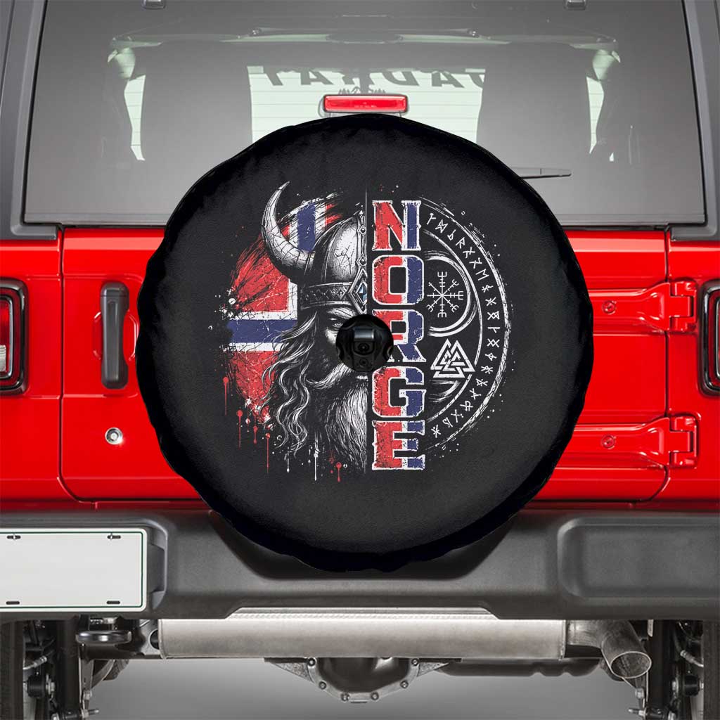 Fierce Norge Viking Warrior with Horned Helmet Graphic Spare Tire Cover Norway Pride Distressed Norwegian Flag and Runes TS02 Black Print Your Wear