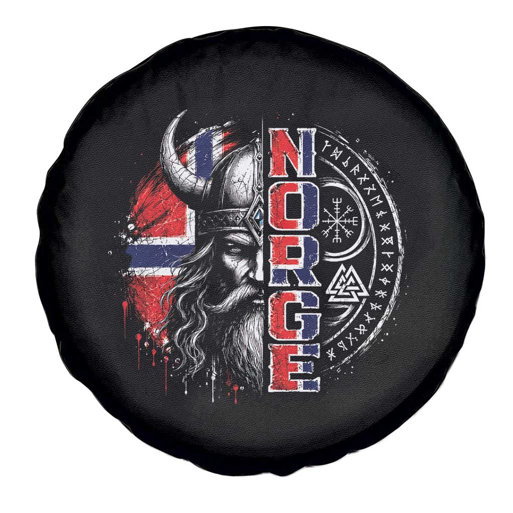 Fierce Norge Viking Warrior with Horned Helmet Graphic Spare Tire Cover Norway Pride Distressed Norwegian Flag and Runes TS02 Print Your Wear