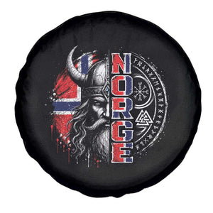 Fierce Norge Viking Warrior with Horned Helmet Graphic Spare Tire Cover Norway Pride Distressed Norwegian Flag and Runes TS02 Print Your Wear