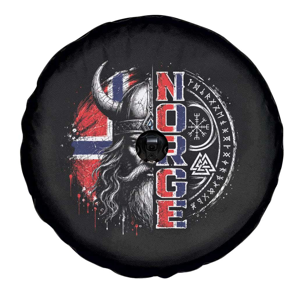 Fierce Norge Viking Warrior with Horned Helmet Graphic Spare Tire Cover Norway Pride Distressed Norwegian Flag and Runes TS02 Print Your Wear
