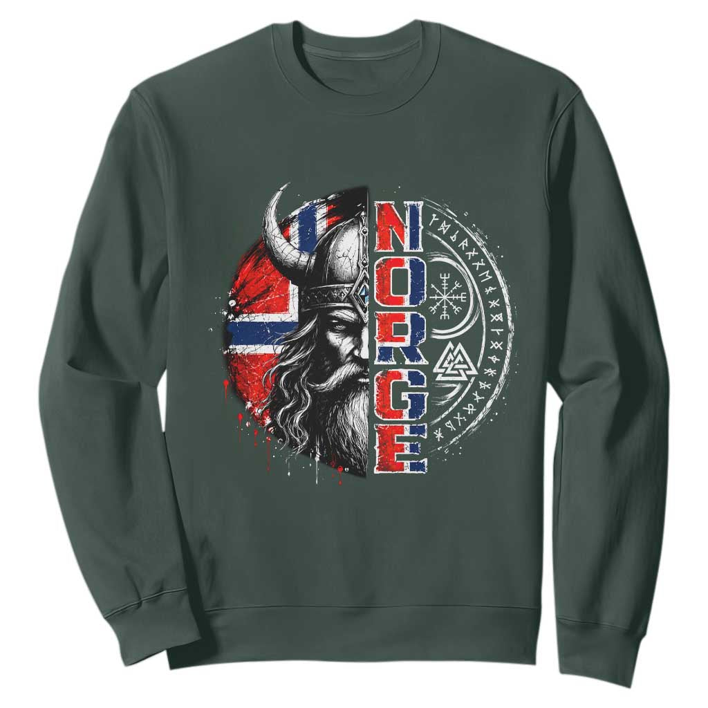 Fierce Norge Viking Warrior with Horned Helmet Graphic Sweatshirt Norway Pride Distressed Norwegian Flag and Runes TS02 Dark Forest Green Print Your Wear