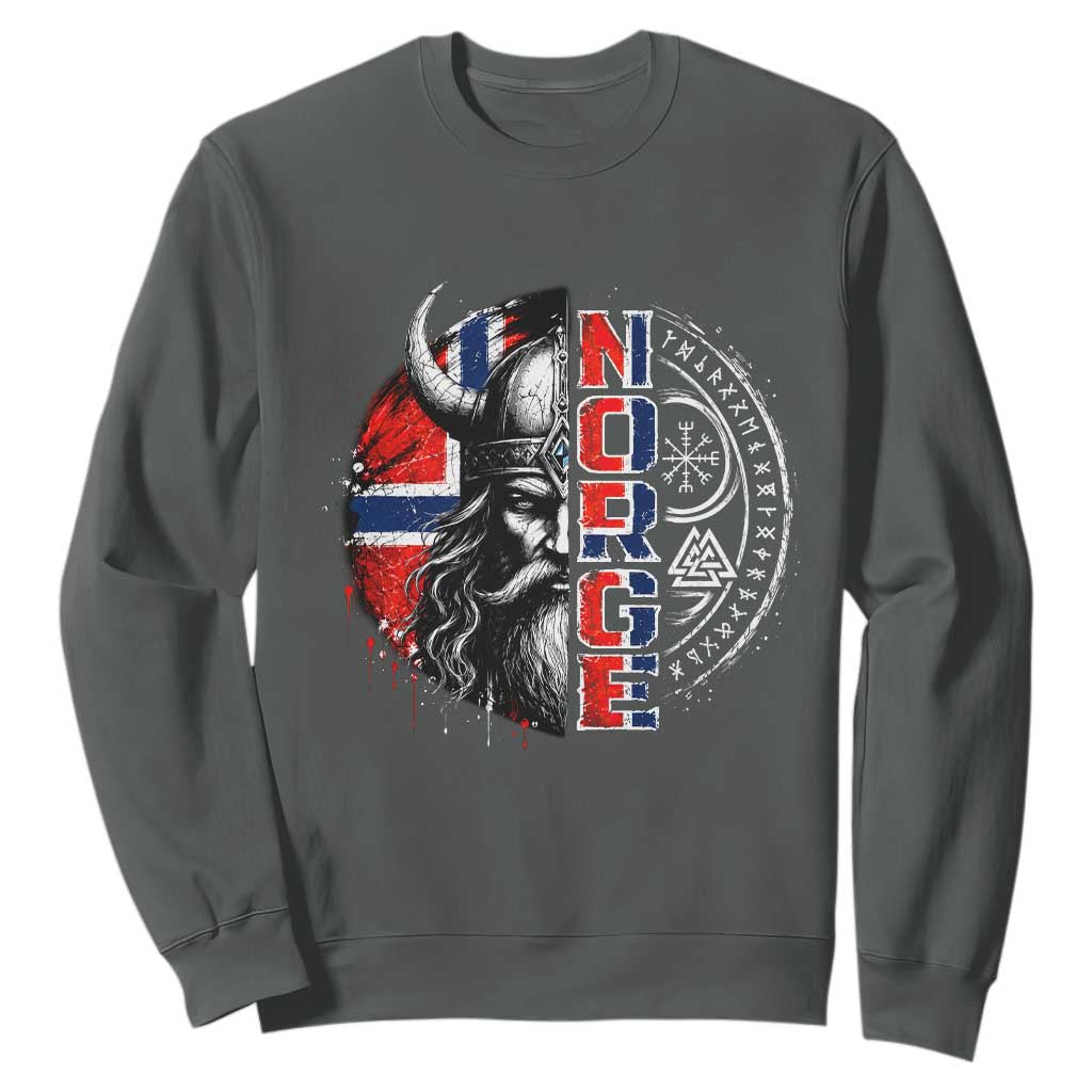 Fierce Norge Viking Warrior with Horned Helmet Graphic Sweatshirt Norway Pride Distressed Norwegian Flag and Runes TS02 Dark Heather Print Your Wear