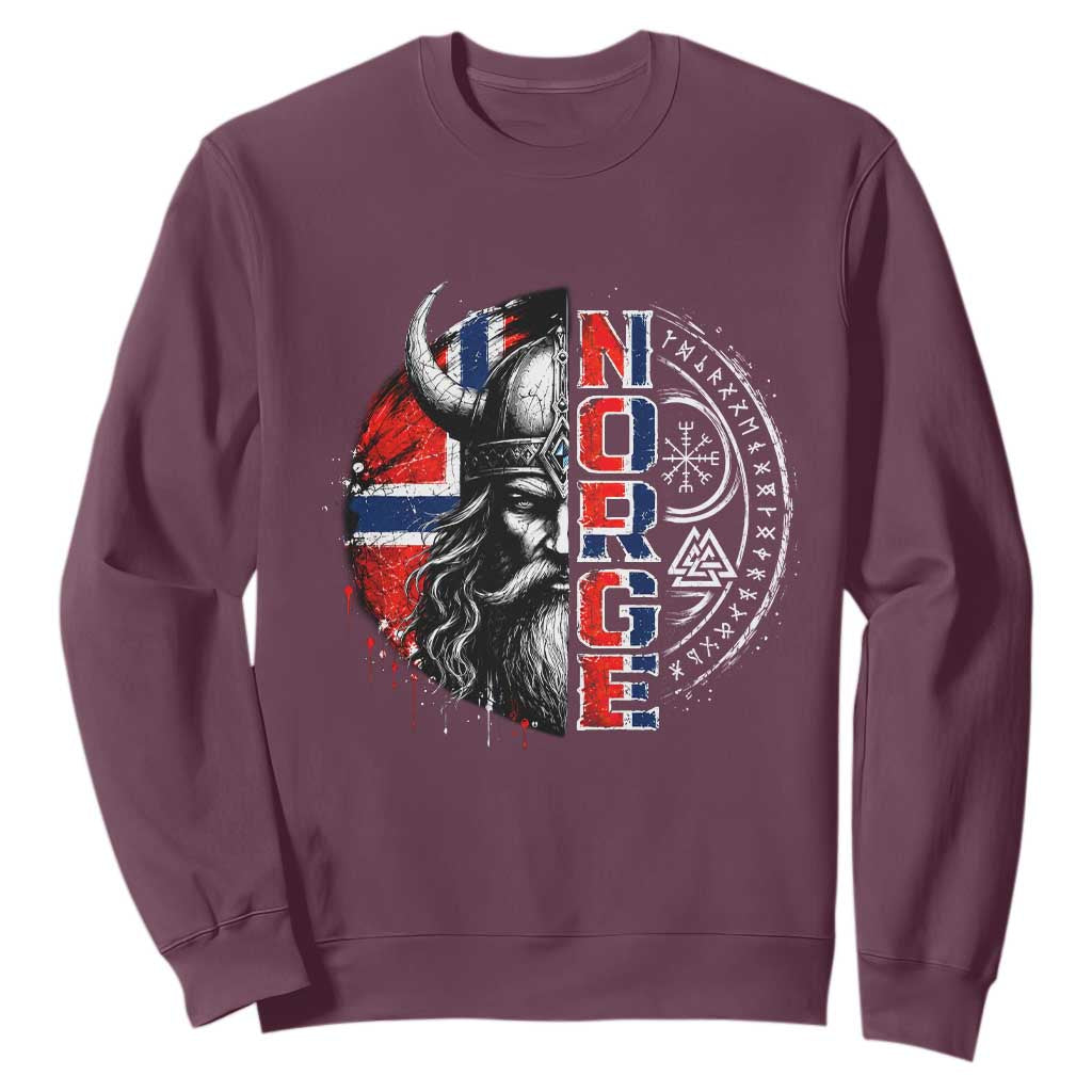 Fierce Norge Viking Warrior with Horned Helmet Graphic Sweatshirt Norway Pride Distressed Norwegian Flag and Runes TS02 Maroon Print Your Wear