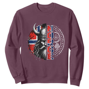 Fierce Norge Viking Warrior with Horned Helmet Graphic Sweatshirt Norway Pride Distressed Norwegian Flag and Runes TS02 Maroon Print Your Wear