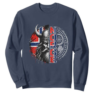 Fierce Norge Viking Warrior with Horned Helmet Graphic Sweatshirt Norway Pride Distressed Norwegian Flag and Runes TS02 Navy Print Your Wear