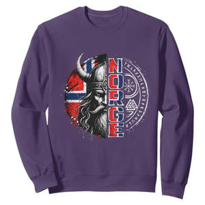 Fierce Norge Viking Warrior with Horned Helmet Graphic Sweatshirt Norway Pride Distressed Norwegian Flag and Runes TS02 Purple Print Your Wear