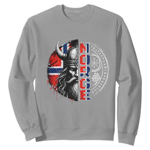 Fierce Norge Viking Warrior with Horned Helmet Graphic Sweatshirt Norway Pride Distressed Norwegian Flag and Runes TS02 Sport Gray Print Your Wear
