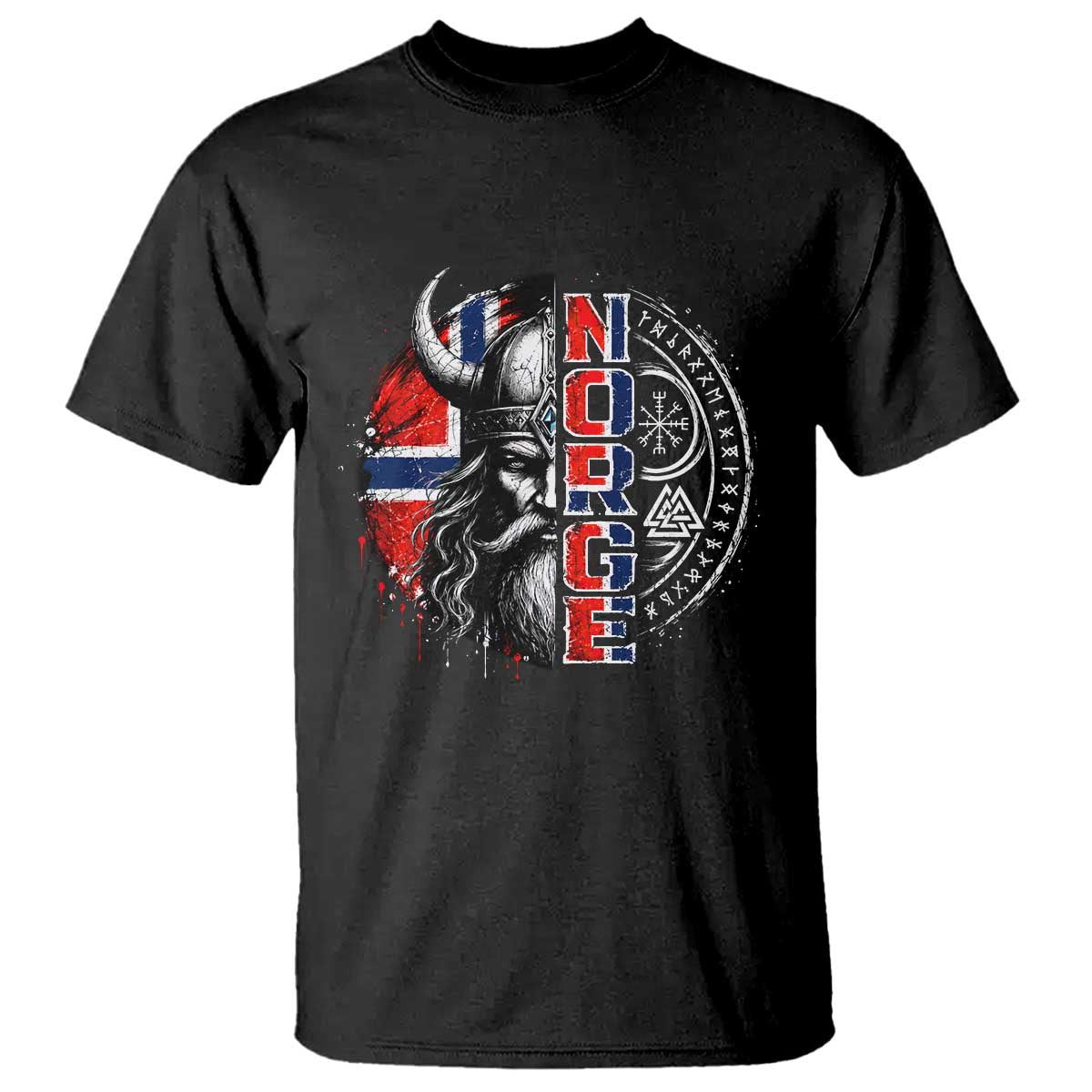 Fierce Norge Viking Warrior with Horned Helmet Graphic T Shirt Norway Pride Distressed Norwegian Flag and Runes TS02 Black Print Your Wear