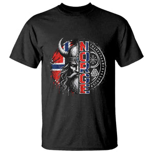 Fierce Norge Viking Warrior with Horned Helmet Graphic T Shirt Norway Pride Distressed Norwegian Flag and Runes TS02 Black Print Your Wear