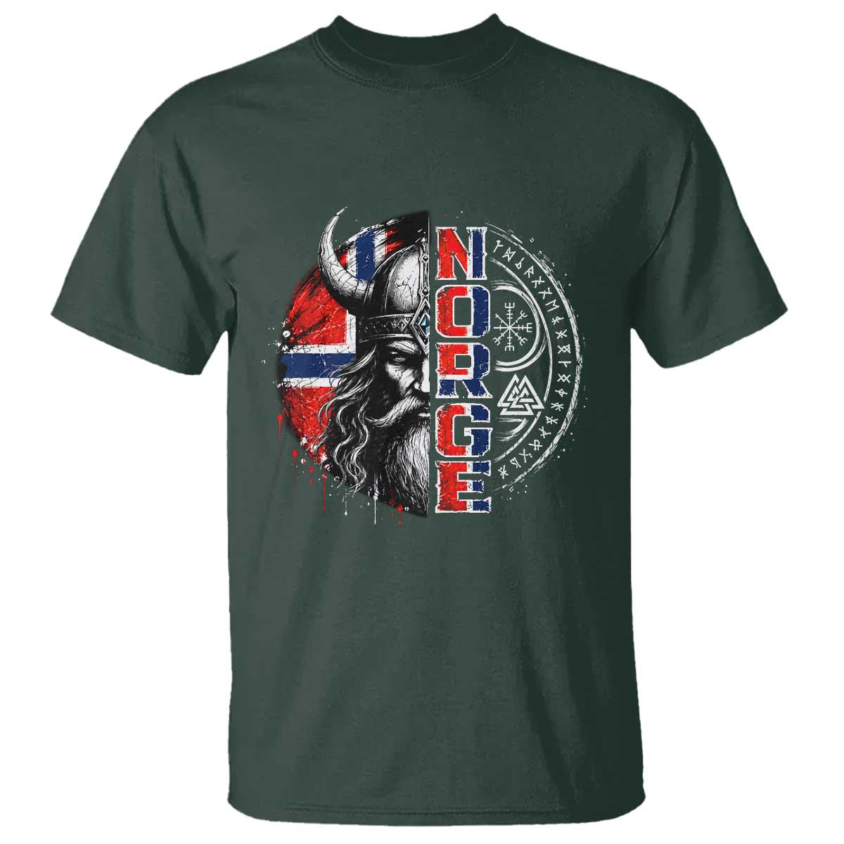 Fierce Norge Viking Warrior with Horned Helmet Graphic T Shirt Norway Pride Distressed Norwegian Flag and Runes TS02 Dark Forest Green Print Your Wear