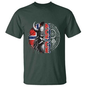 Fierce Norge Viking Warrior with Horned Helmet Graphic T Shirt Norway Pride Distressed Norwegian Flag and Runes TS02 Dark Forest Green Print Your Wear