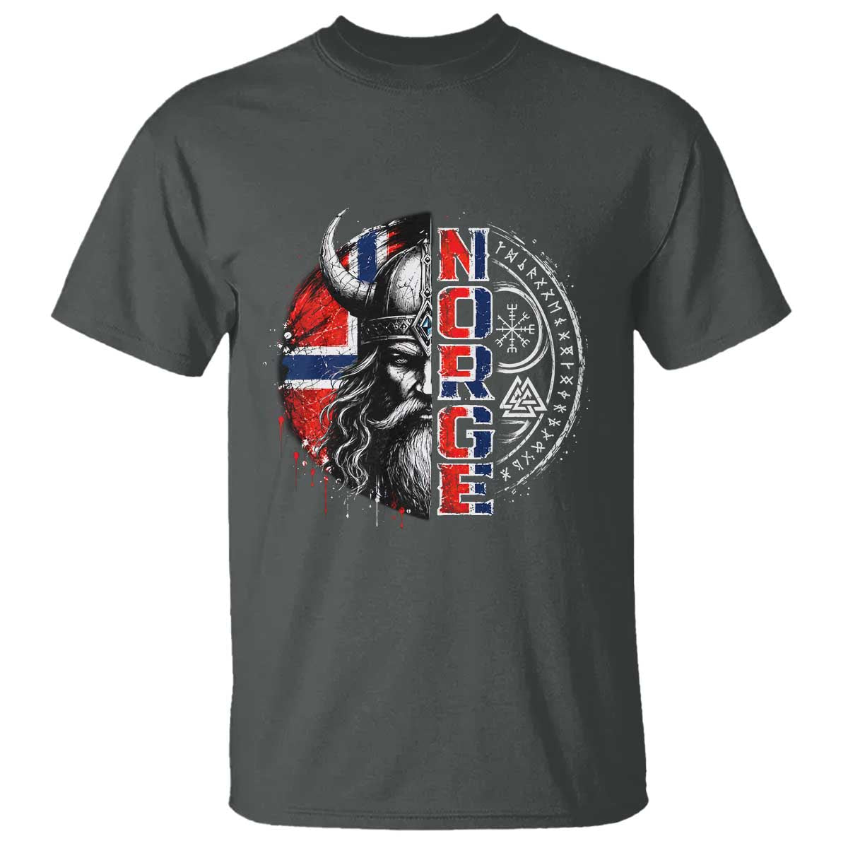 Fierce Norge Viking Warrior with Horned Helmet Graphic T Shirt Norway Pride Distressed Norwegian Flag and Runes TS02 Dark Heather Print Your Wear