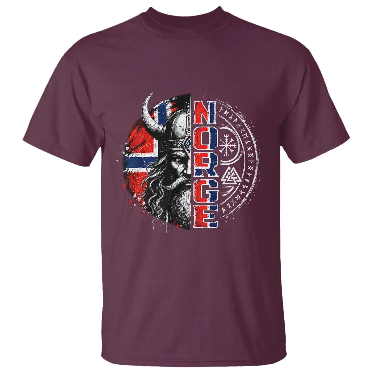 Fierce Norge Viking Warrior with Horned Helmet Graphic T Shirt Norway Pride Distressed Norwegian Flag and Runes TS02 Maroon Print Your Wear