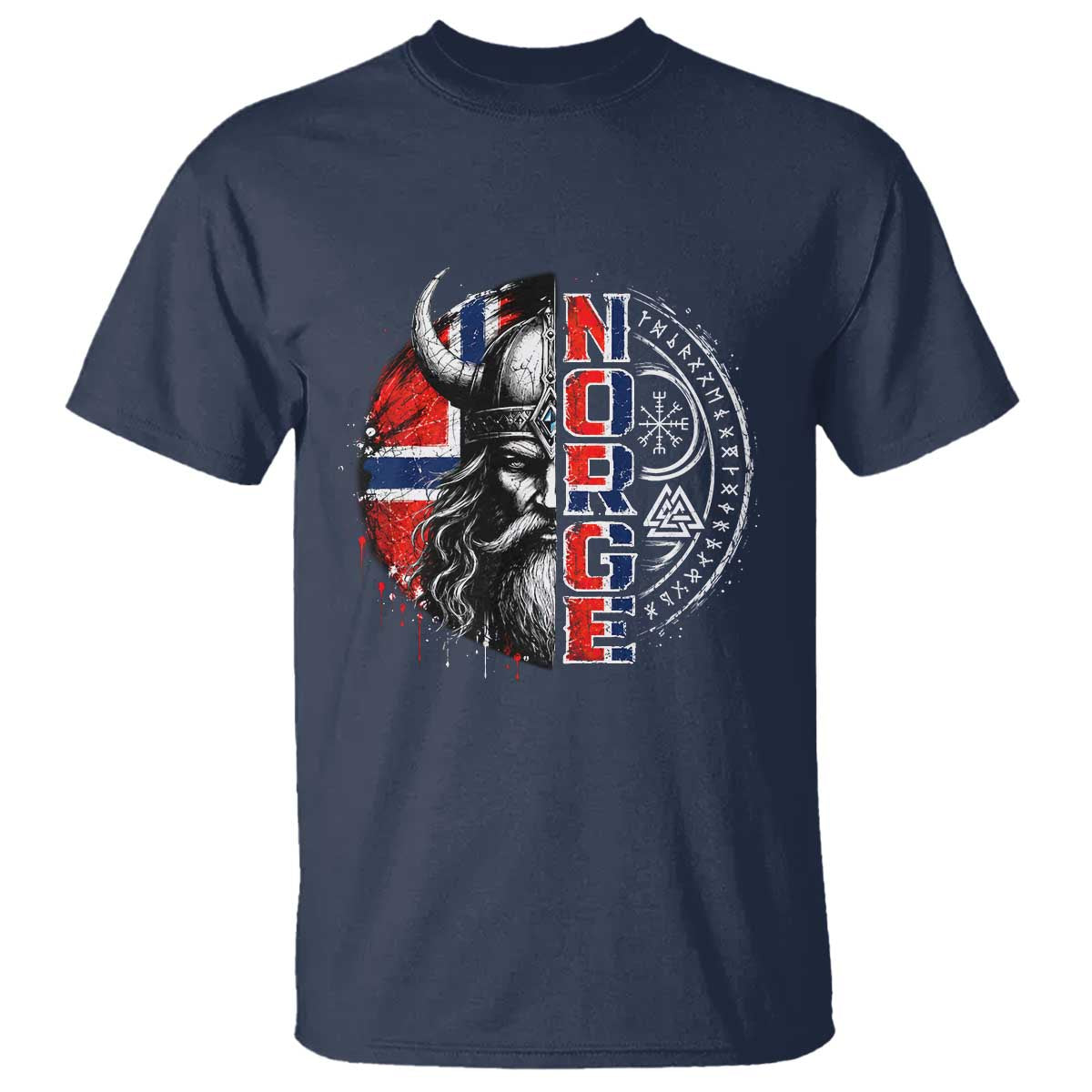 Fierce Norge Viking Warrior with Horned Helmet Graphic T Shirt Norway Pride Distressed Norwegian Flag and Runes TS02 Navy Print Your Wear