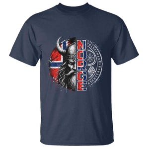 Fierce Norge Viking Warrior with Horned Helmet Graphic T Shirt Norway Pride Distressed Norwegian Flag and Runes TS02 Navy Print Your Wear
