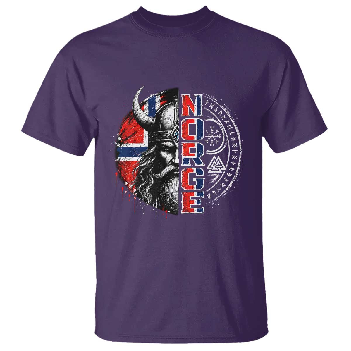Fierce Norge Viking Warrior with Horned Helmet Graphic T Shirt Norway Pride Distressed Norwegian Flag and Runes TS02 Purple Print Your Wear
