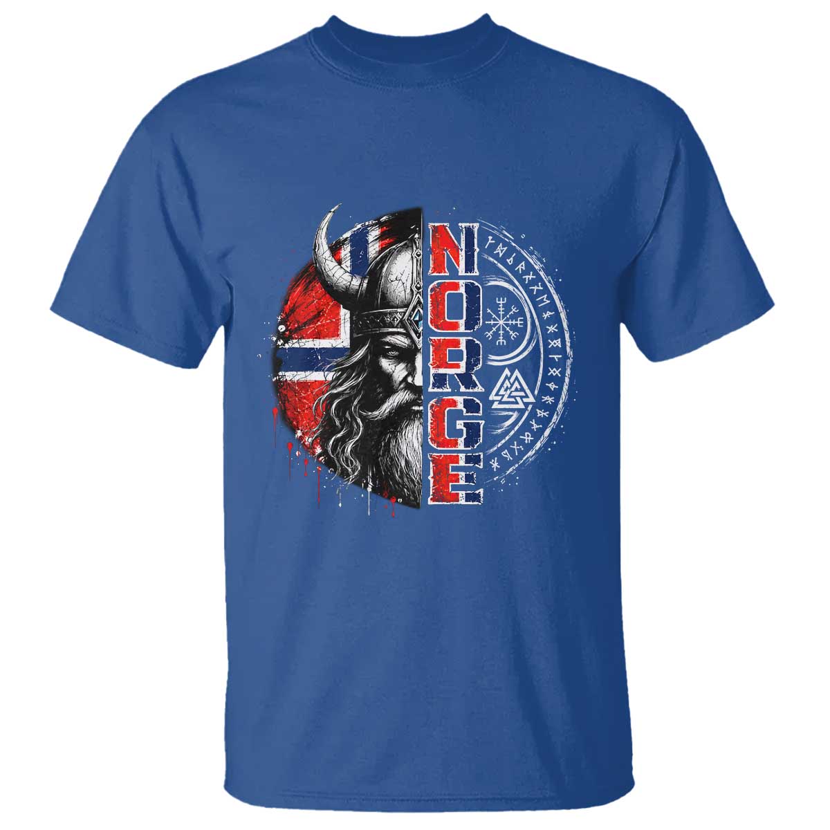 Fierce Norge Viking Warrior with Horned Helmet Graphic T Shirt Norway Pride Distressed Norwegian Flag and Runes TS02 Royal Blue Print Your Wear