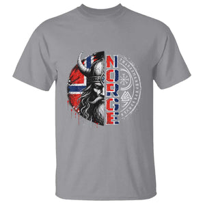 Fierce Norge Viking Warrior with Horned Helmet Graphic T Shirt Norway Pride Distressed Norwegian Flag and Runes TS02 Sport Gray Print Your Wear