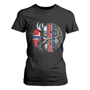 Fierce Norge Viking Warrior with Horned Helmet Graphic T Shirt For Women Norway Pride Distressed Norwegian Flag and Runes TS02 Black Print Your Wear