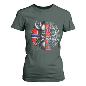 Fierce Norge Viking Warrior with Horned Helmet Graphic T Shirt For Women Norway Pride Distressed Norwegian Flag and Runes TS02 Dark Forest Green Print Your Wear
