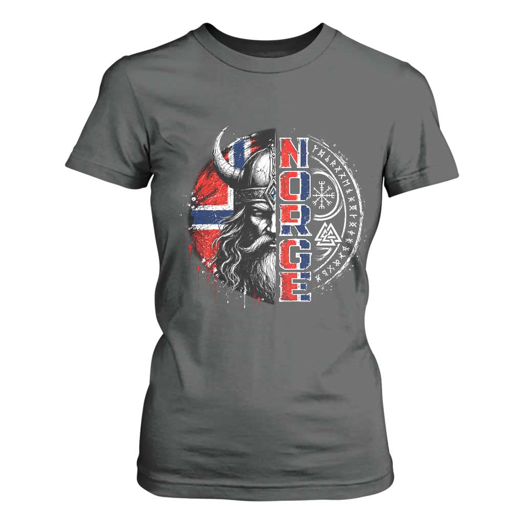 Fierce Norge Viking Warrior with Horned Helmet Graphic T Shirt For Women Norway Pride Distressed Norwegian Flag and Runes TS02 Dark Heather Print Your Wear