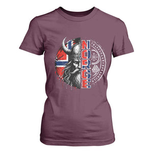 Fierce Norge Viking Warrior with Horned Helmet Graphic T Shirt For Women Norway Pride Distressed Norwegian Flag and Runes TS02 Maroon Print Your Wear