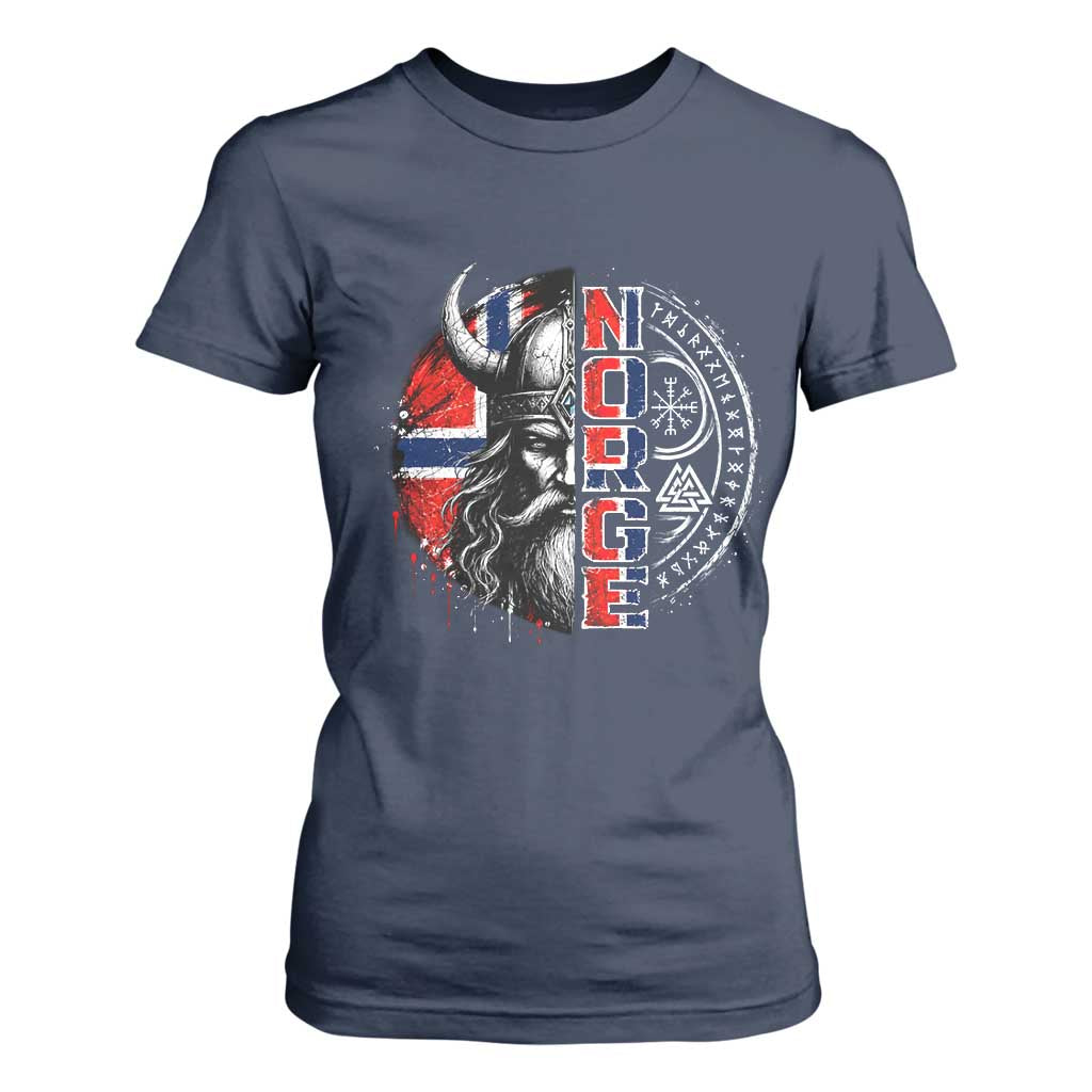 Fierce Norge Viking Warrior with Horned Helmet Graphic T Shirt For Women Norway Pride Distressed Norwegian Flag and Runes TS02 Navy Print Your Wear