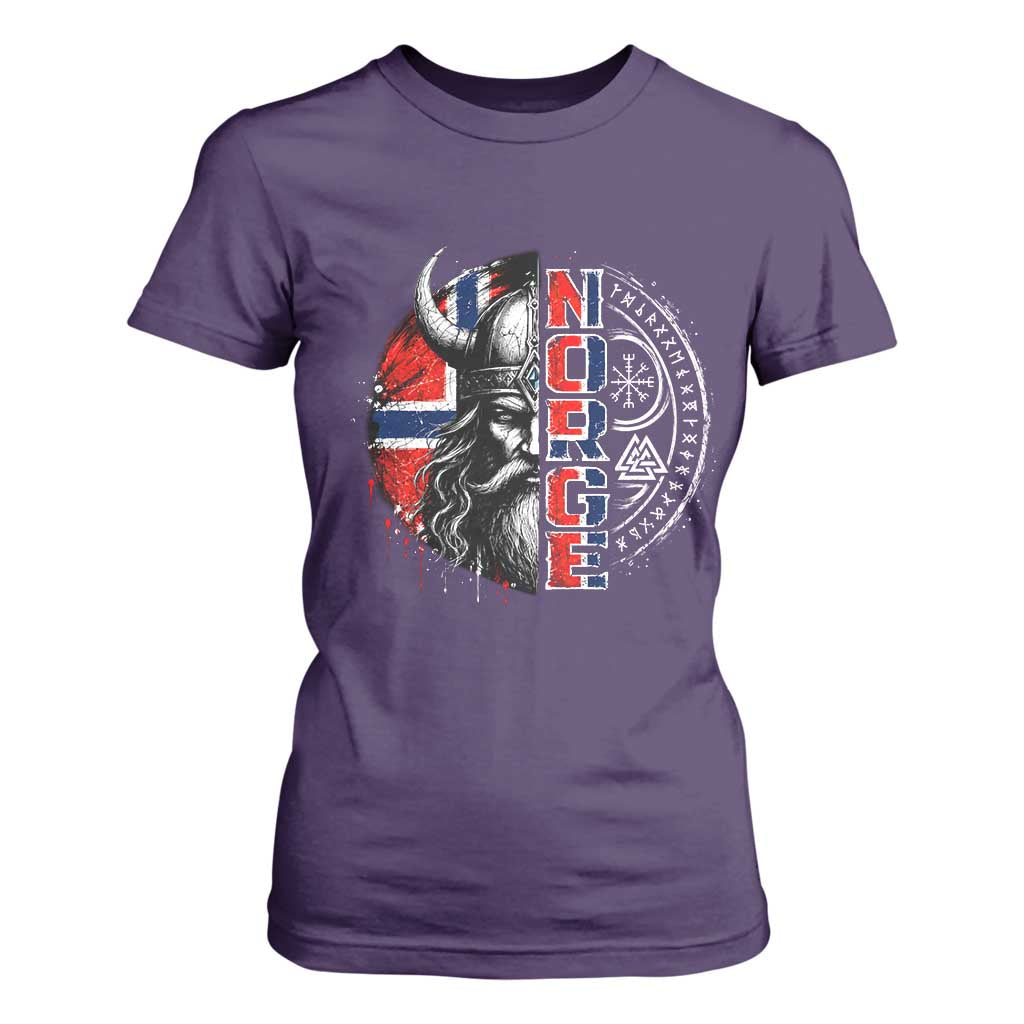 Fierce Norge Viking Warrior with Horned Helmet Graphic T Shirt For Women Norway Pride Distressed Norwegian Flag and Runes TS02 Purple Print Your Wear