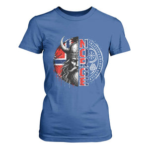 Fierce Norge Viking Warrior with Horned Helmet Graphic T Shirt For Women Norway Pride Distressed Norwegian Flag and Runes TS02 Royal Blue Print Your Wear