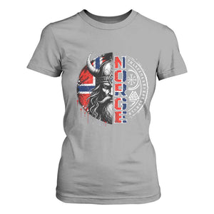 Fierce Norge Viking Warrior with Horned Helmet Graphic T Shirt For Women Norway Pride Distressed Norwegian Flag and Runes TS02 Sport Gray Print Your Wear