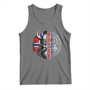Fierce Norge Viking Warrior with Horned Helmet Graphic Tank Top Norway Pride Distressed Norwegian Flag and Runes TS02 Black Heather Print Your Wear