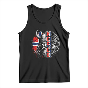 Fierce Norge Viking Warrior with Horned Helmet Graphic Tank Top Norway Pride Distressed Norwegian Flag and Runes TS02 Black Print Your Wear