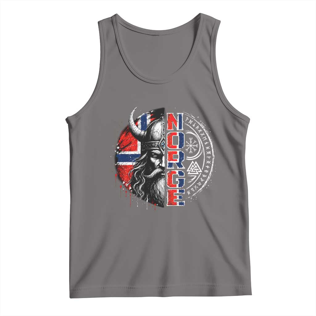 Fierce Norge Viking Warrior with Horned Helmet Graphic Tank Top Norway Pride Distressed Norwegian Flag and Runes TS02 Deep Heather Print Your Wear