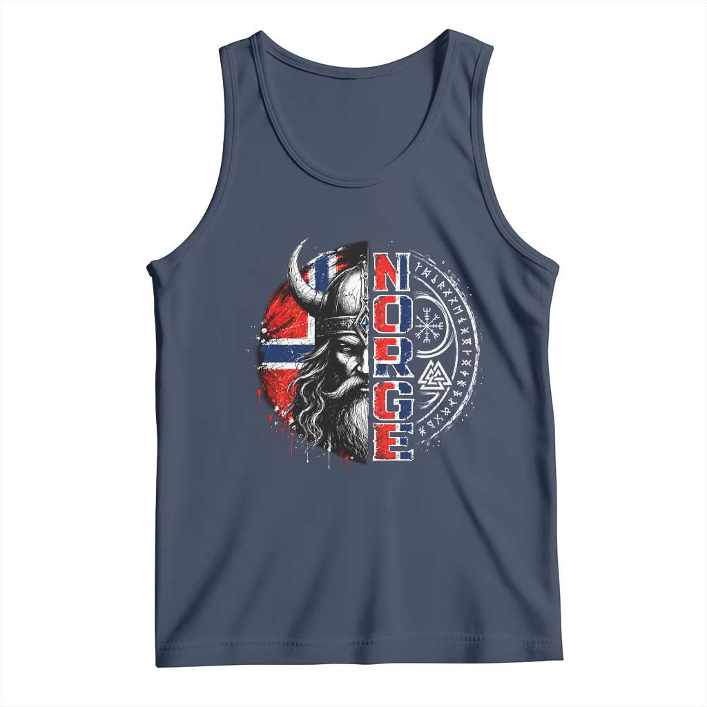 Fierce Norge Viking Warrior with Horned Helmet Graphic Tank Top Norway Pride Distressed Norwegian Flag and Runes TS02 Navy Print Your Wear